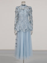 yvette blue Long Sleeve Folds Lace Butterfly Top And Skirt Two-Piece Set