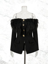 black Off-shoulder feather metal buckle decoration blazer mini dress