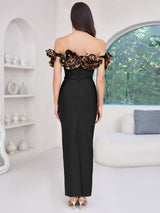 3d flower leopard pattern bandage maxi dress in black