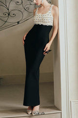 roberta Pearl Flower Rhinestone maxi dress in black