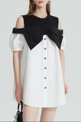 evelyn Off-shoulder contrast bow mini dress