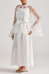 Tiffany white lace bell-sleeve ruffle embroidered top maxi skirt set