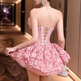 alberta 3d Flower Strapless Mini Dress in pink