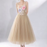 3D floral camisole top & tulle skirt set - champagne