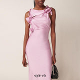 3d flower asymmetric satin slit gown in pink