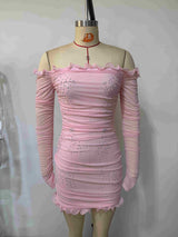 xaviera Pink Off-Shoulder Bodycon Beads mini Dress