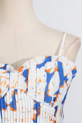 Pleated floral-print linen bustier top skirt set in blue