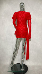 Dariel Floral Jacquard Cutout Draped Mini Dress - Red