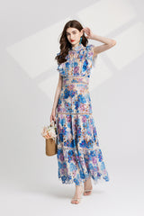 chloe hollow out flower embroidery maxi dress in blue