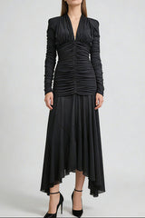 josephine v-neck ruched long-sleeve maxi dress in black