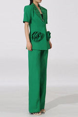 green Flower embellished blazer with wide-leg trousers set