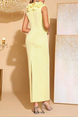 cynthia 3D Flower v-neck Sleeveless bodycon Maxi Dress in yellow