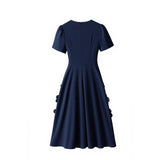 katherine 3d flower appliqué midi dress in navy blue