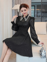 lynn black rhinestone collar neck lace hollow sleeve mini dress