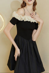 off-shoulder ruffle trim suspender mini dress in black