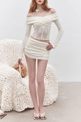 ava white Lace Knitted Fishbone Top Hip Skirt Two-Piece Set
