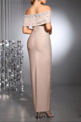 belen Pearl Beaded strapless maxi Bandage Dress in apricot