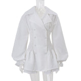 zenobia Large lapel button puff sleeve tutu mini dress in white