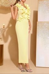 cynthia 3D Flower v-neck Sleeveless bodycon Maxi Dress in yellow