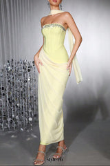 Rhinestone Patchwork Strapless Herringbone maxi Dress - yellow