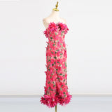 3D flower embroidery strapless midi dress in rose red