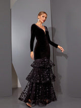 eunice black flower appliqué fishtail layer velvet maxi dress