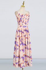 Pleated floral-print linen bustier top skirt set in blue