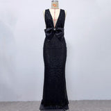 rebecca bow sequin embellished v neck maxi dress in black