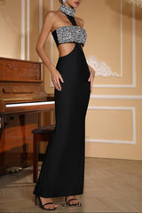 gwendolyn crystal halter cut out maxi dress in black