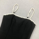 pearl embellished strap mini dress in black