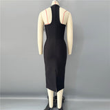 beatrice flower rhinestone feather halter Midi Dress in Black