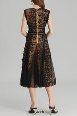 phoenix 3d Embroidered lace mesh midi dress in black