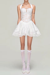 halter embroidered hollow mini dress in white