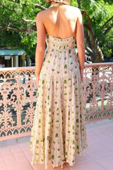 halter neck backless layered floral print maxi dress in green