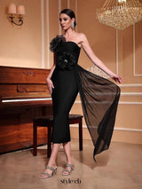 venus 3d flower rhinestone strapless midi dress in black