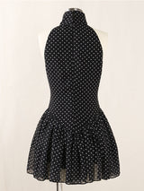 Polka Silk Chiffon sleeveless halter mini Dress in black