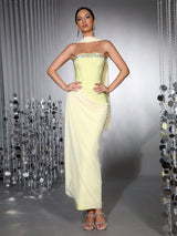 Rhinestone Patchwork Strapless Herringbone maxi Dress - yellow