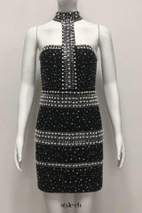 nelly pearl rhinestone halter mini dress in black