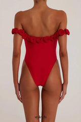 3d flower strapless bodysuit in red