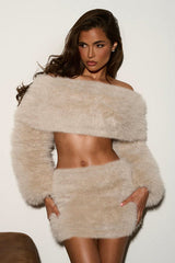 verna faux fur off-shoulder long sleeve top in beige