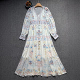 lesley Printed V-neck lantern sleeve slit maxi dress - blue
