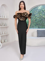 3d flower leopard pattern bandage maxi dress in black