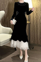 zona black Beaded irregular hem velvet fishtail maxi dress