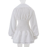 zenobia Large lapel button puff sleeve tutu mini dress in white