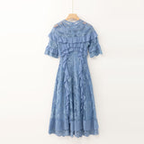 lorraine lace ruffle trim midi dress in blue