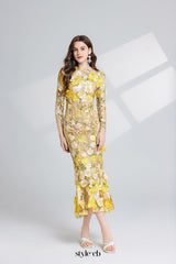CAROL YELLOW FLORAL EMBROIDERY MESH LONG SLEEVE MIDI DRESS