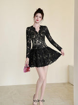 sabrina black lace hollow long sleeve a-line mini dress