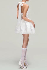 halter embroidered hollow mini dress in white