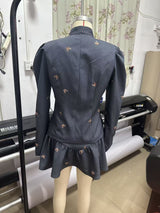 adora dark grey Butterfly Embroidered blazer mini skirt Set