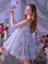 Tutu Light Blue Sleeveless Flower Diamond Short Doll Dress